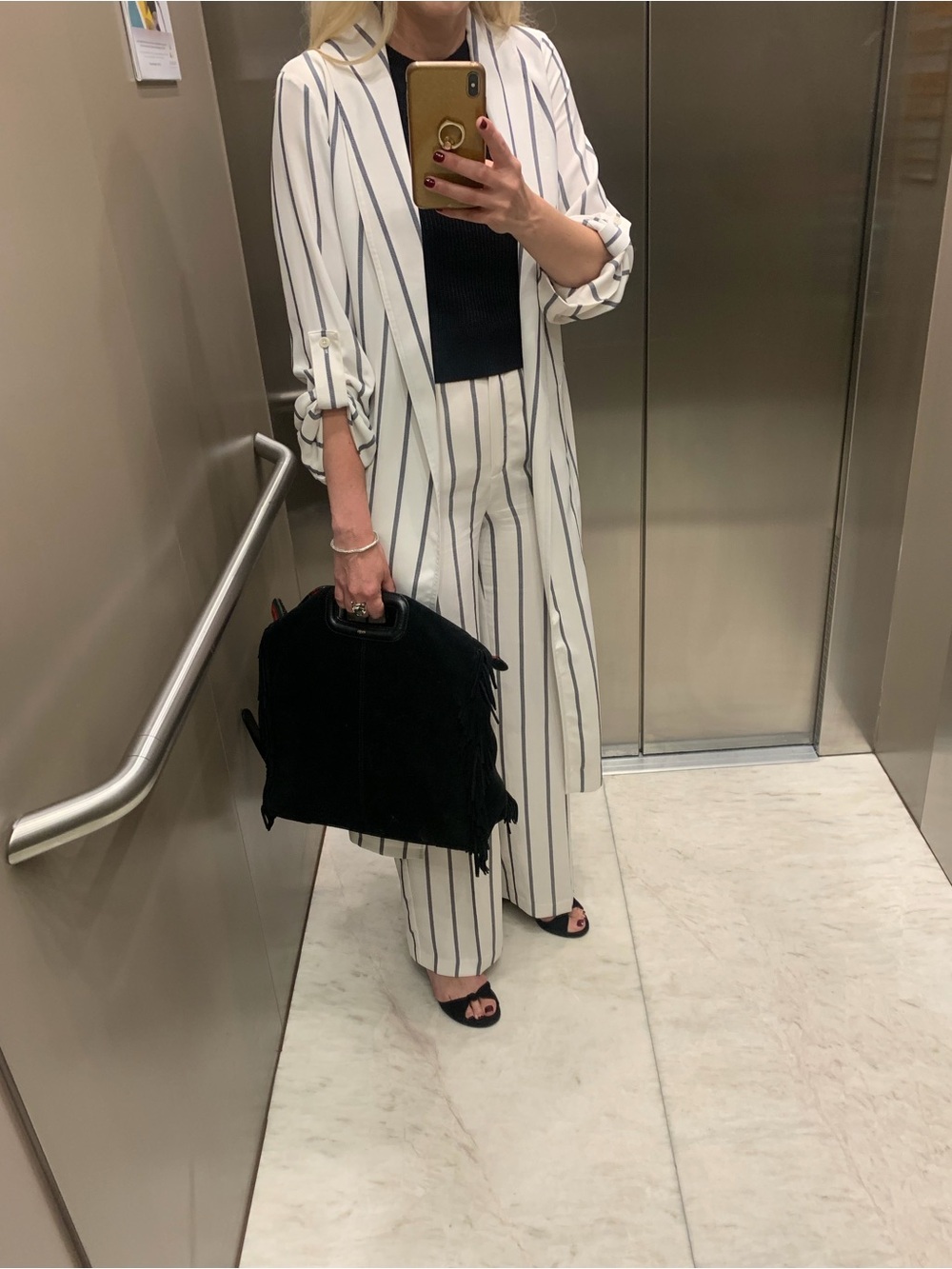 Aritizia BABATON Kahlo White & Navy Blue Striped Robe Jacket Matching Pant SET